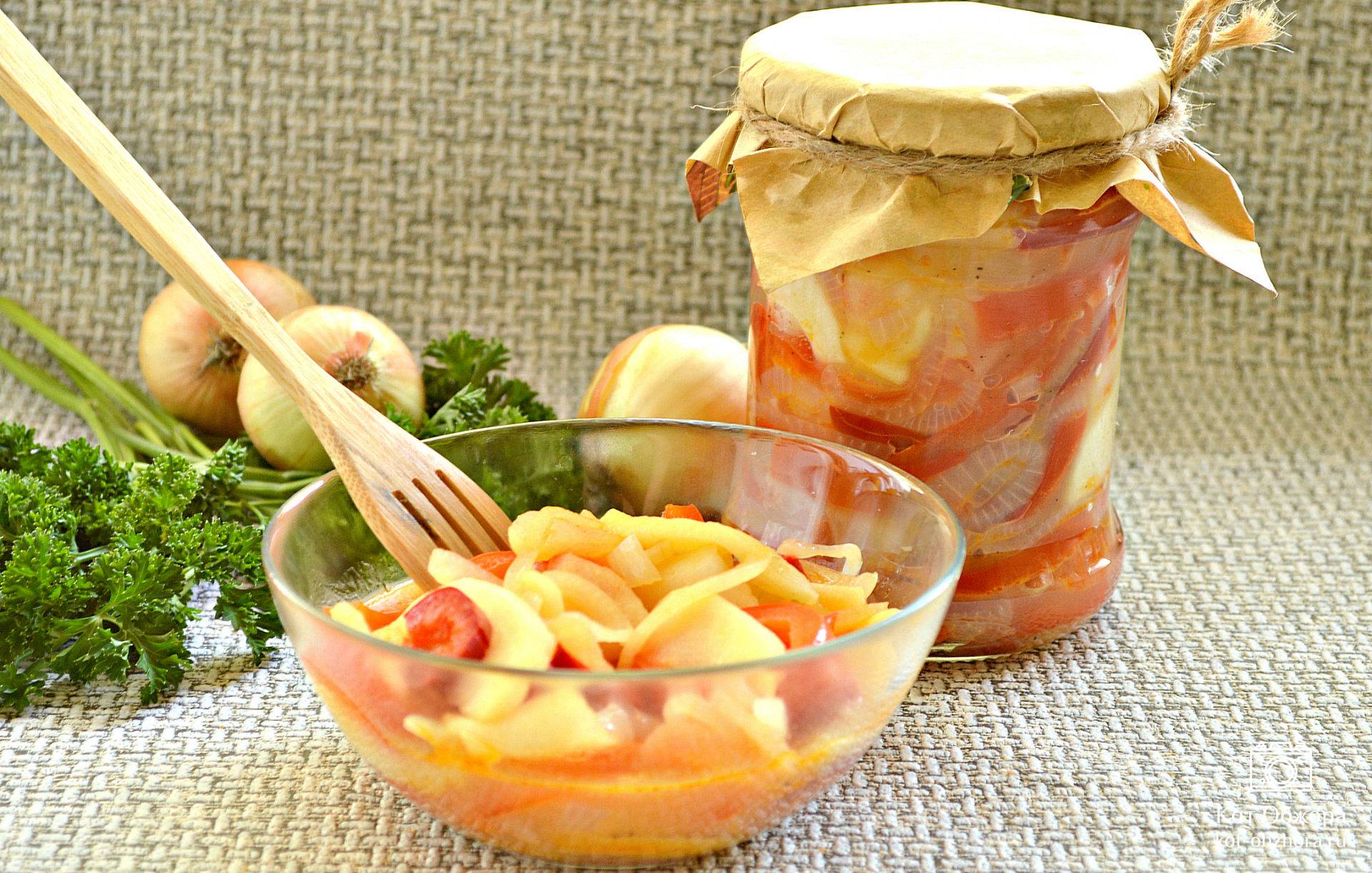 Как приготовить Закуска из баклажанов, яблок, помидоров, перца и лука рецепт пошагово